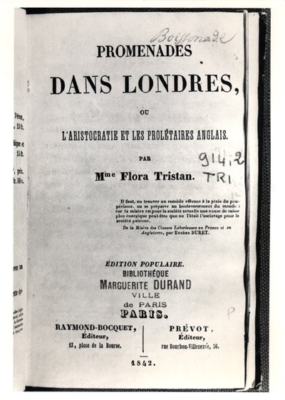 Flora Tristanin (1803-44) Promenades dans Londres -kirjan nimisivu, julkaissut Pariisissa Raymond-Bocquet et Prevot, 1842 tekijältä French School