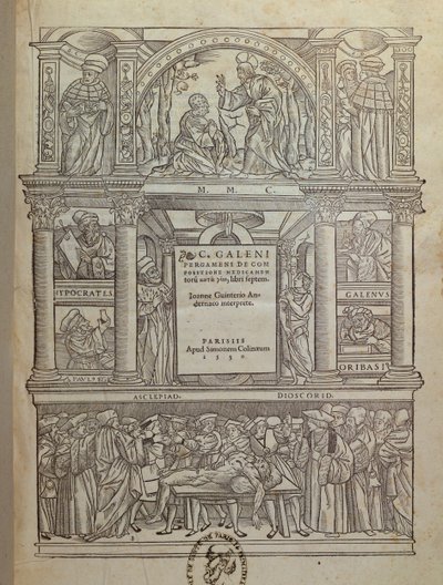 Galenuksen (n. 131–201) kirjan nimisivu, julkaistu Pariisissa, 1530 tekijältä French School