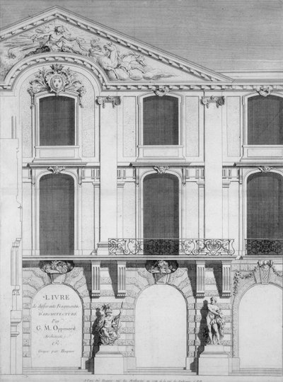 Oppenords-kuvioiden kaiverretuista levyistä koostuvan kirjan nimisivu, julkaistu 1745 tekijältä French School