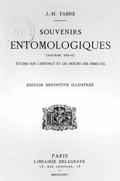 Jean-Henri Fabren (1823-1915) Souvenirs Entomologiques -julkaisun nimisivu, julkaistu vuonna 1924 (painettu) tekijältä French School