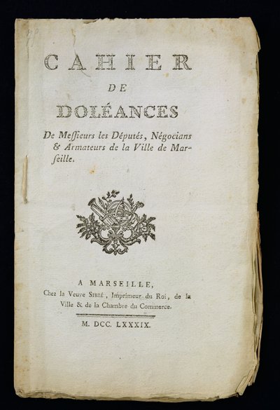Marseillen kansanedustajien, kauppiaiden ja laivanvarustajien valituskirjan nimisivu, 1789 tekijältä French School