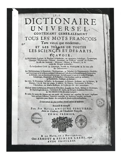Antoine Furetieren (1619-88) Sanakirjauniversumin nimisivu 1690 (painettu) tekijältä French School