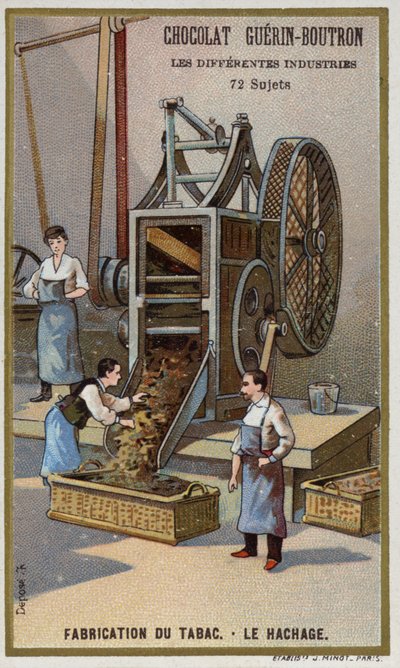 Tupakan valmistus. Lehtien silppuaminen (chromolitho) tekijältä French School