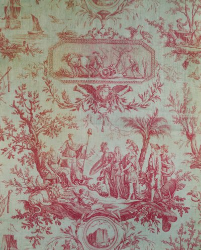 Toile de Jouy (Jean-Baptiste Huetin 1772-1793 suunnittelun mukaan), kuvaa Ludvig XVI:n (1754-1793), Ranskan kuninkaan, vapauden palauttajan helmikuussa 1790 allegoriaa (painettu puuvilla) tekijältä French School