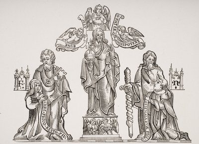 Hautakoristelu, joka kuvaa Nicholas Flamelia (n. 1330-n. 1418) ja hänen vaimoaan Pernelleä Pariisin viattomien hautausmaalla tehtyjen koristeiden jälkeen Paul Lacroixin (1806-84) Le Moyen Age et La Renaissance -julkaisusta tekijältä French School
