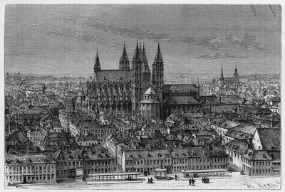 Tournai: ulkonäkymä Notre-Damelle (Notre Dame) ja panoraama kaupunkiin. Barclayn kaiverrus havainnollistamaan tarinaa ”Belgia”, Camille Lemonnier (1844-1913) belgialainen kirjailija. Julkaistu Le Tour du monde, nouveau journal des voyages, 2nd semeste tekijältä French School
