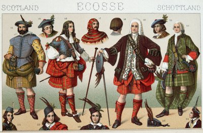Perinteiset skotlantilaiset puvut - Racinetin teoksessa "Le costume historique". tekijältä French School