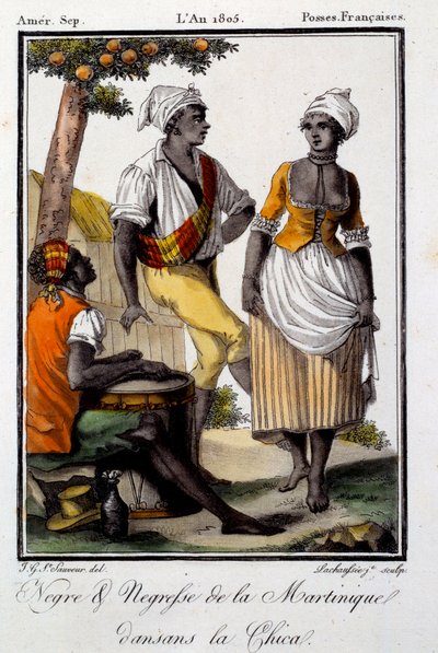 Perinteinen tanssi: Martiniquen asukkaat tanssivat chicaa. Kaiverrus vuodelta 1805. Chartres, Museum of Fine Arts tekijältä French School