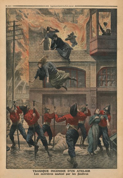 Traaginen tulipalo Newarkissa, New Jerseyssä sijaitsevassa korjaamossa, kuvitus Le Petit Journalin kuvitusliitteestä, 11. joulukuuta 1910 (värilitrokuvaus) tekijältä French School