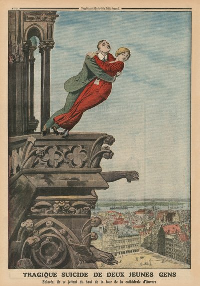 Kahden nuoren traaginen itsemurha Antwerpenin katedraalin tornista, takakannen kuva Le Petit Journalista, liitekuva, 11. toukokuuta 1913 tekijältä French School