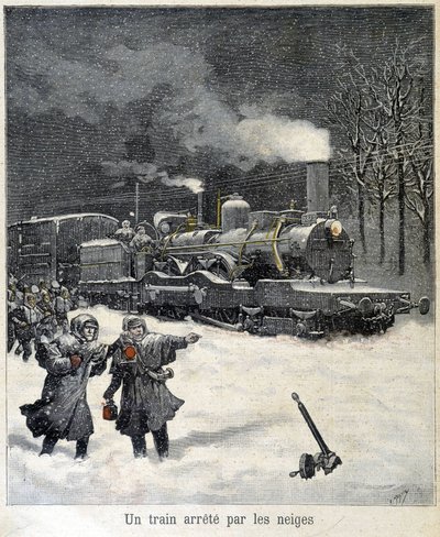 Juna joutui pysähtymään lumen takia. Kuva sanomalehdestä "" Le Petit Parisien"" maaliskuussa 1892. tekijältä French School