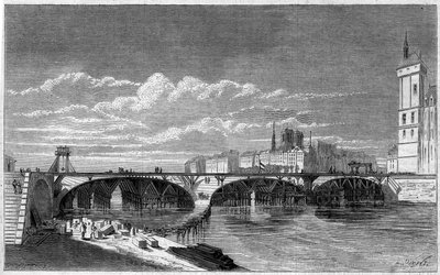 Pariisin transformaatiot toisen imperiumin alaisina, Haussmann Paris: näkymä Pont au Change -kadulle sen jälleenrakennuksen aikana. Kaiverrus "" Le Monde Illustré" -julkaisussa nro 169, 7. heinäkuuta 1860. tekijältä French School