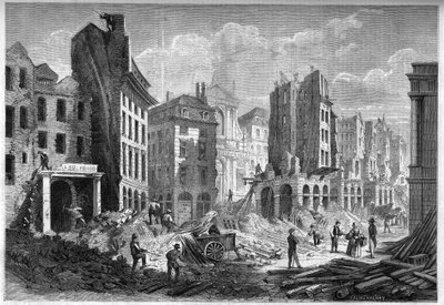 Pariisin muunnokset toisen imperiumin aikana, Paris Haussmann: Rue de la Barillerien purku Boulevard Sebastopolin lävistystä varten. Kaiverrus "" Le Monde Illustré" -julkaisussa nro 126, 10. syyskuuta 1859. tekijältä French School