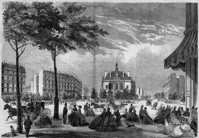 Pariisin muunnokset toisen imperiumin aikana, Paris Haussmann: Pariisin XI kaupunginosan uusi kaupungintalo. (Näet Voltaire Boulevardin ja Parmentier Avenuen). Painovoima vuodelta 1865. tekijältä French School