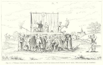 Venemiehen, huumemyyjän pukit, 1400-luvun ms:n värillisen piirustuksen jälkeen (kaiverrus) tekijältä French School