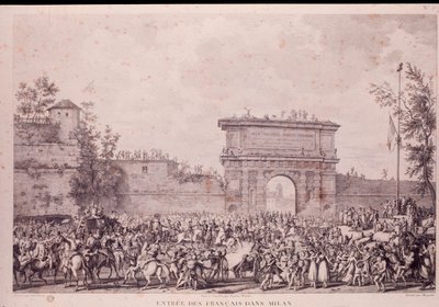 Napoleon Bonaparten johtamien ranskalaisten joukkojen riemuvoitto Milanossa 15. toukokuuta. tekijältä French School