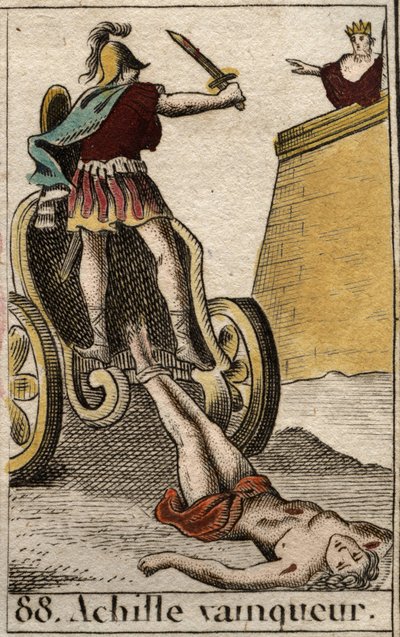 Troijan sota: Voittoisa Akhilleus raahaa Hectorin elotonta ruumista Troijan porttien eteen. Pierre Blanchardin "Nuoruuden mytologiasta" vuodelta 1803. tekijältä French School