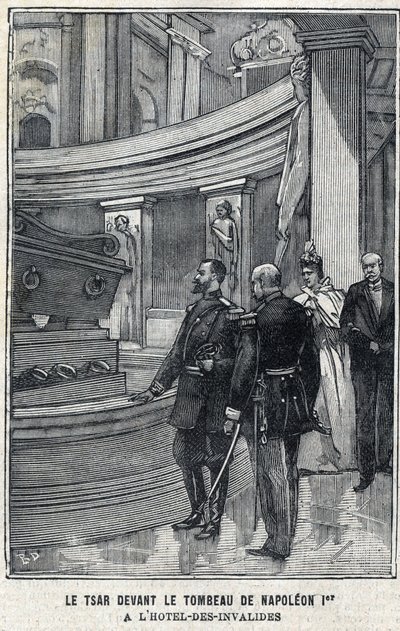 Venäjän tsaari Nikolai II (1868-1918) ja tsaariina Aleksandra Fiodorovna Romanova (1872-1918) Napoleon I Bonaparten haudan edessä Pariisin Hotel des Invalidesissa, "Le Petit Parisien" -rakennuksessa” tekijältä French School