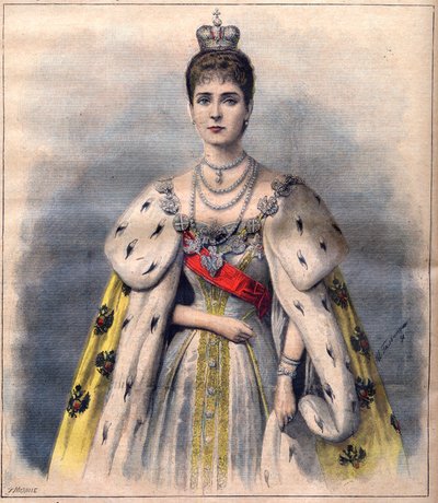 Venäjän tsaaritar Aleksandra kruunausvaatteissaan - tsaaritar Aleksandra Fiodorovna pyhän puvussa. Kuvitus Le Petit Journaliin, 24. toukokuuta 1896 (kaiverrus) tekijältä French School