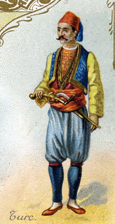 turkkilainen mies. Painos Pariisin litografia, 1800-luvun loppu. 25 mainoskromon sarja Dijonin keksien valmistukseen Pernot, luotu vuonna 1869. Yksityiskohta hahmoista perinteisissä puvuissa tekijältä French School