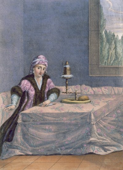 Turkkilainen nainen kehrää lankaa, n.1708 tekijältä French School