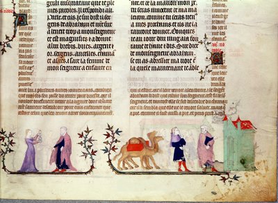 Kaksi kohtausta tarinasta Rebeccasta kaivolla, Jean de Syn Raamatusta, n. 1355 tekijältä French School