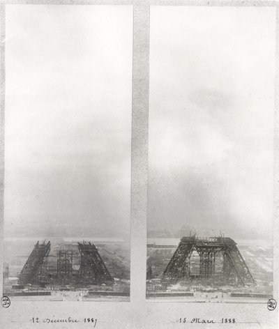 Kaksi näkymää Eiffel-tornin rakentamisesta, Pariisi, 12. joulukuuta 1887 ja 15. maaliskuuta 1888 tekijältä French School