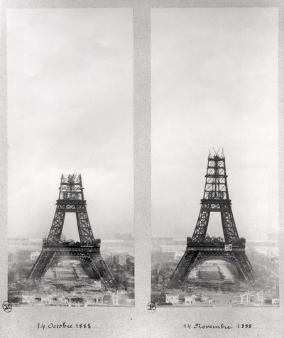 Kaksi näkymää Eiffel-tornin rakentamisesta, Pariisi, 14. lokakuuta ja 14. marraskuuta 1888 tekijältä French School