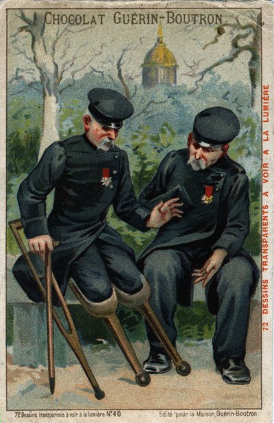 Kaksi sotainvalidia: peppu puhuu pingviinille. 1800-luvun kromolitografia. tekijältä French School