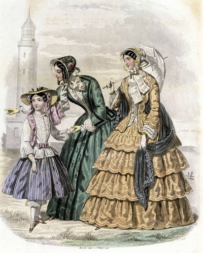 Kaksi naista tytön kanssa maaseudulla - "Journal des Demoiselles" -lehdessä 1852. tekijältä French School