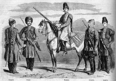 Venäjän keisarin erityisen saattajan tyypit ja univormut. Vasemmalta oikealle: trumpetti, kasakka, muslimi, tšerkessi ja lesgi. Kaiverrus "" Le Monde Illustré" -julkaisussa nro 153, 17. maaliskuuta 1860. tekijältä French School