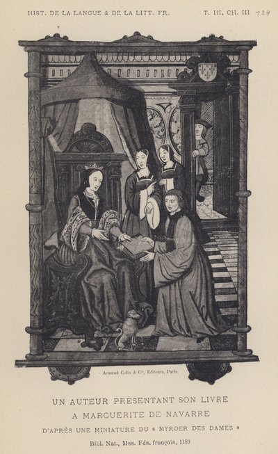Kirjailija esittelee kirjansa Marguerite De Navarrelle (litho) tekijältä French School