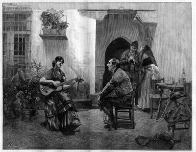 Loitsun alla: mies kuuntelee ihaillen nuorta espanjalaista kitaraa soittavaa tyttöä. Kaiverrus Jules Wormsin (1832-1914) maalauksen jälkeen teoksessa The Illustrious World, 1. toukokuuta tekijältä French School