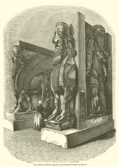 Huone äskettäin perustetussa Assyrian museossa Louvressa (kaiverrus) tekijältä French School