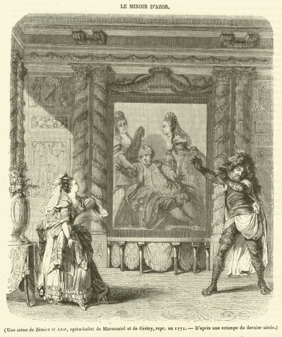 Kohtaus Zemirestä ja Azorista, Marmontelin ja Gretryn ooppera-baletti, esitetty vuonna 1771 (kaiverrus) tekijältä French School