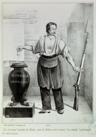 Yleinen äänioikeus ”äänestys tai kivääri”” Äänessä on taisteltava vihollista vastaan kiväärin sijaan. Kaiverrus M.L. Bosredon, huhtikuu 1848. Paris, Musee Carnavalet tekijältä French School