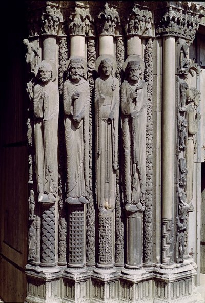Tuntematon hahmo, kuningas Salomo, Saban kuningatar ja kuningas Daavid, jambfiguurit kuninkaallisesta portaalista, 1140-55 tekijältä French School