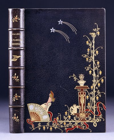 Upper book cover of two shooting-stars, a torch, foliage, faun on pedestal, putto and a leg behind a fan, 1893 tekijältä French School