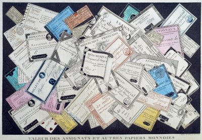 Agenttien ja muiden paperirahojen arvo Ranskan vallankumouksen aikana. 1700-luvulla. Musee Carnavalet, Pariisi - Assignattien ja muiden valuuttojen arvopaperit Englannin vallankumouksen aikana. Kaiverrus tekijältä French School
