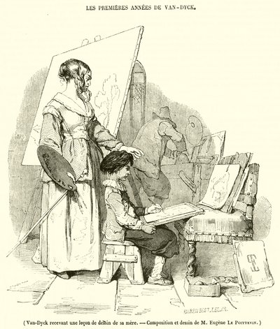 Van-Dyck saa piirustustunnin äidiltään (kaiverrus) tekijältä French School