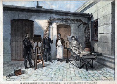 Erilaisia faktoja: valokuva ruumiista, joka on leikattu paloiksi Alphonse Bertillonin (1853-1914), ranskalaisen tiedemiehen, antropometrian luojan palveluksessa. - "" Le Petitle Parisien "" tekijältä French School