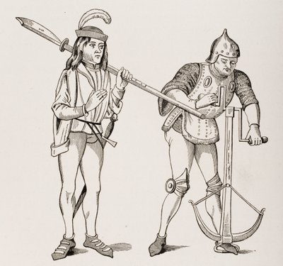 Varlet tai Squire kantamassa paksuteräistä helebardia ja jousimies, joka piirtää varsijousinauhaa kaksikätisellä vinssillä 1400-luvun pienoismallin jälkeen, Paul Lacroixin Le Moyen Age et La Renaissancesta ( tekijältä French School