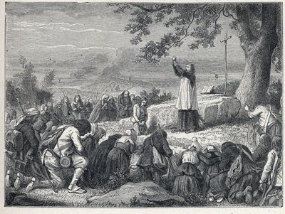 Vendee Wars (1793-1796): Pappi viettää messua tammen alla kapinalliselle, joka hylkää vannoneet papit. Kaiverrus vuodelta 1889. Yksityinen kokoelma. tekijältä French School