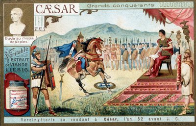 Vercingetorix menossa Césarille, vuonna 52 eKr. - Liébig-mainosvinjetti tekijältä French School