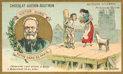 Victor Hugo, ranskalainen kirjailija ja kohtaus hänen romaanistaan Notre Dame de Paris (chromolitho) tekijältä French School