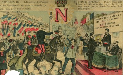 Victor Napoleon (1862-1926) Bonapartistien kannattajien johdossa, Napoleon I:n viimeinen perillinen joutui maanpakoon kolmannen tasavallan vuonna 1886 hyväksymän lain seurauksena. Kaiverrus, "" Le Figaro, liite"", 30.3.1889, Pariisi. tekijältä French School