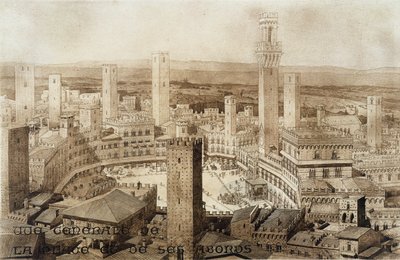 Näkymä Sienan poikki, keskiaikaisen ja renessanssin arkkitehtuurin fragmenteista, kaiverrettu Jules Adolphe Chauvet (s.1828) tekijältä French School
