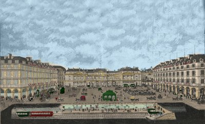 Näkymä Palais-Royalille ja Rue de Rivolille poikkileikkauksella pääkaupunkiseudun rautatieasemalta 1898 (värillinen etsaus) tekijältä French School