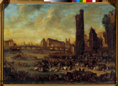 Näkymä Pariisiin Côte de la Cite -kadulta otettuna Tour de Neslesin ranskalaisen koulun maalauksesta. 1650 Su. 0,59 x 0,82 m Versailles. Chateau museo tekijältä French School
