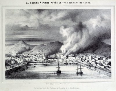 Näkymä Pointe a Pitrestä (Pointe-a-Pitre) maanjäristyksen jälkeen 8.2.1843. Kaiverrus 1800-luvun Chartresista, Musee des Beaux Arts tekijältä French School